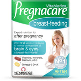 Pregnacare breastfeeding supplements UAE box showing Vitabiotics Pregnacare breastfeeding with mother holding baby and DHA vitamin